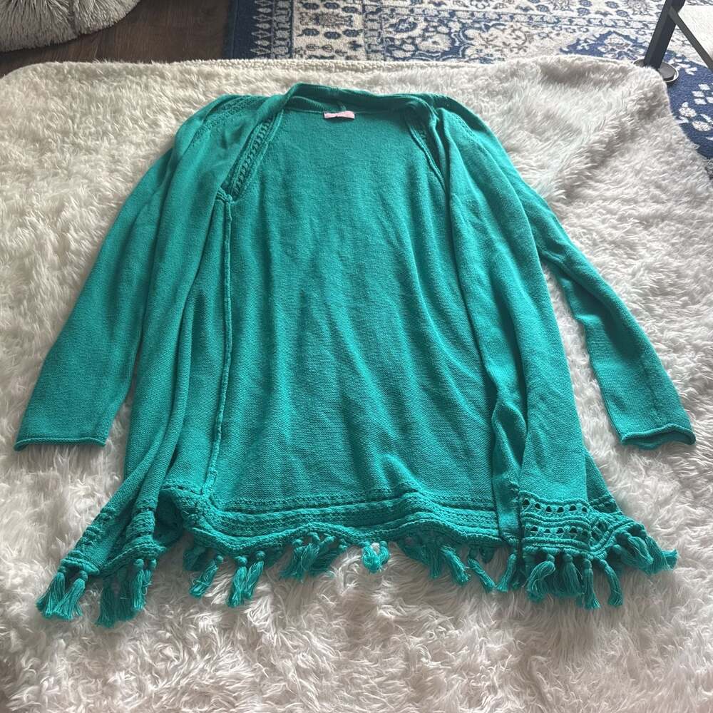 Lilly Pulitzer Tatum Open-Front‎ Fringe Hem Cardigan in Maldives Green